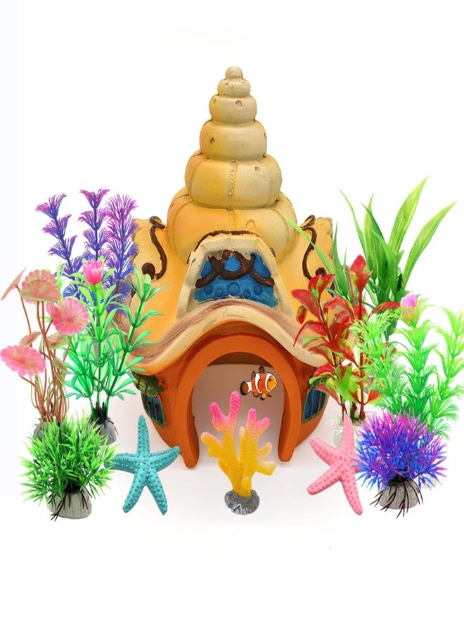 GOFYLIN Fish Tank Decorations kit, Aquarium Decor Sea Shell House x 1pc, Fish Tank Accessories Aquatic Plants x 8pcs, Starfish x 2pcs, Coral x 1pcs. - Image 1